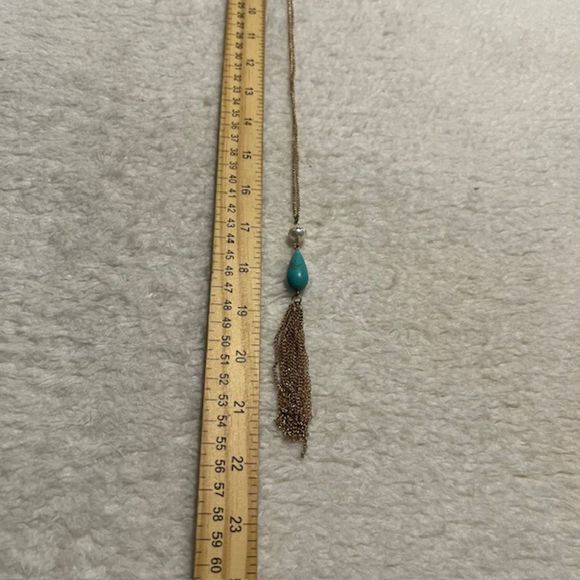 Long Gold Tone Chain Necklace Faux Pearl Turquoise Teardrop Tassel Pendant - Picture 3 of 5